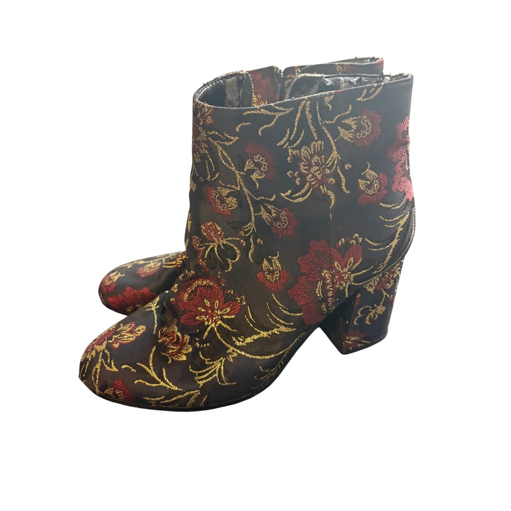 Antonio Melani Floral Brocade Ankle Boots Red Gold Metallic Block Heel 8.5M